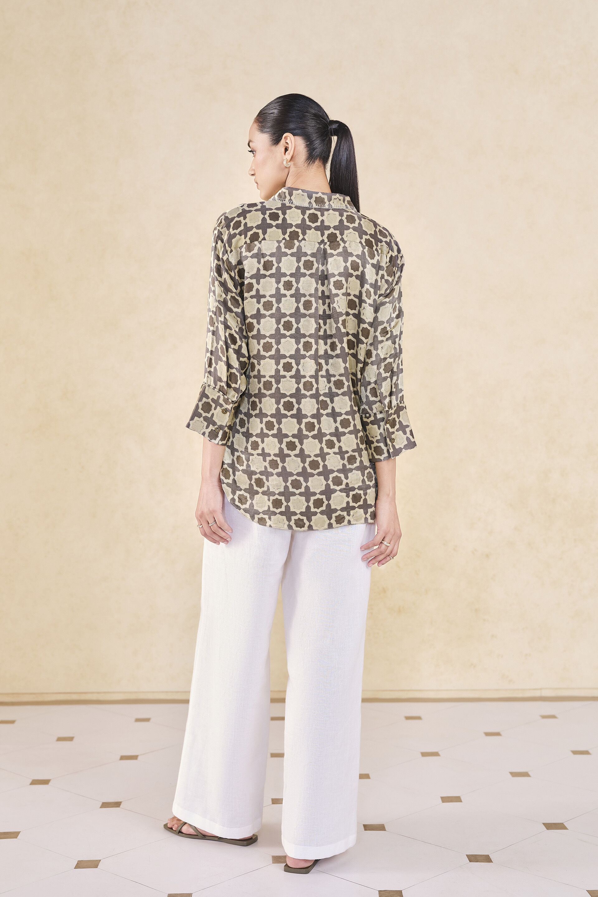 Halidrys Handcrafted Ajrakh Silk Top - Grey, Grey, image 3